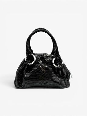 00s Snake Embossed Black Leather Mini Handbag Top Handle Y2K Bowler